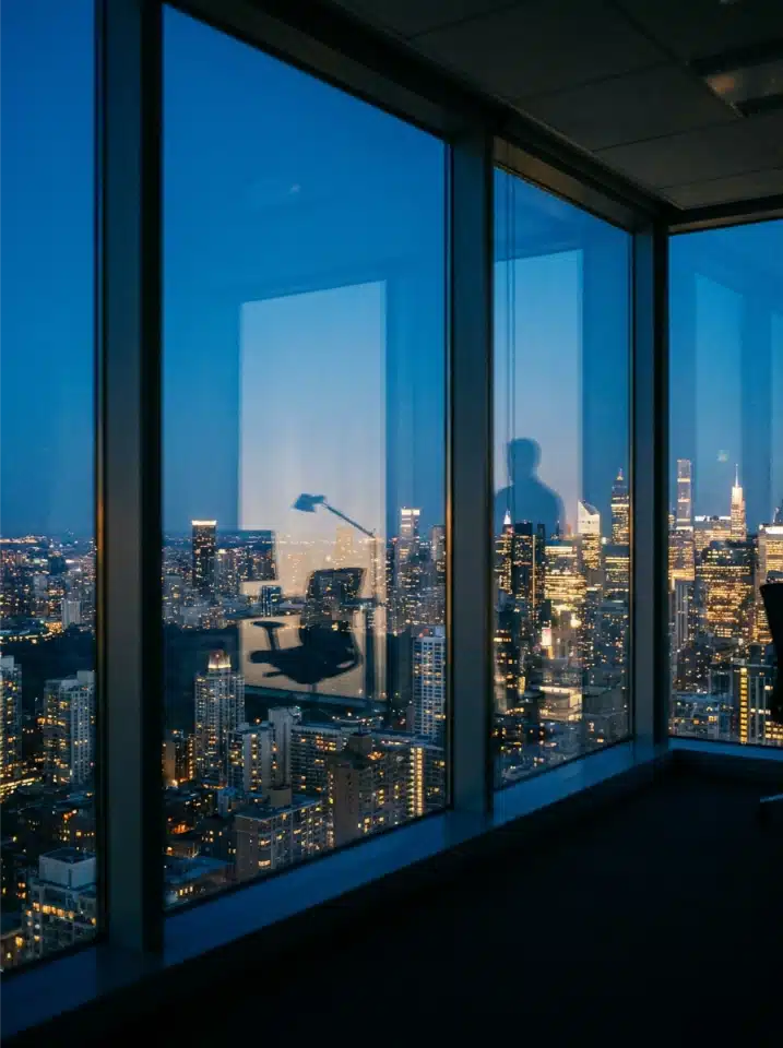 A city skyline seen through office windows