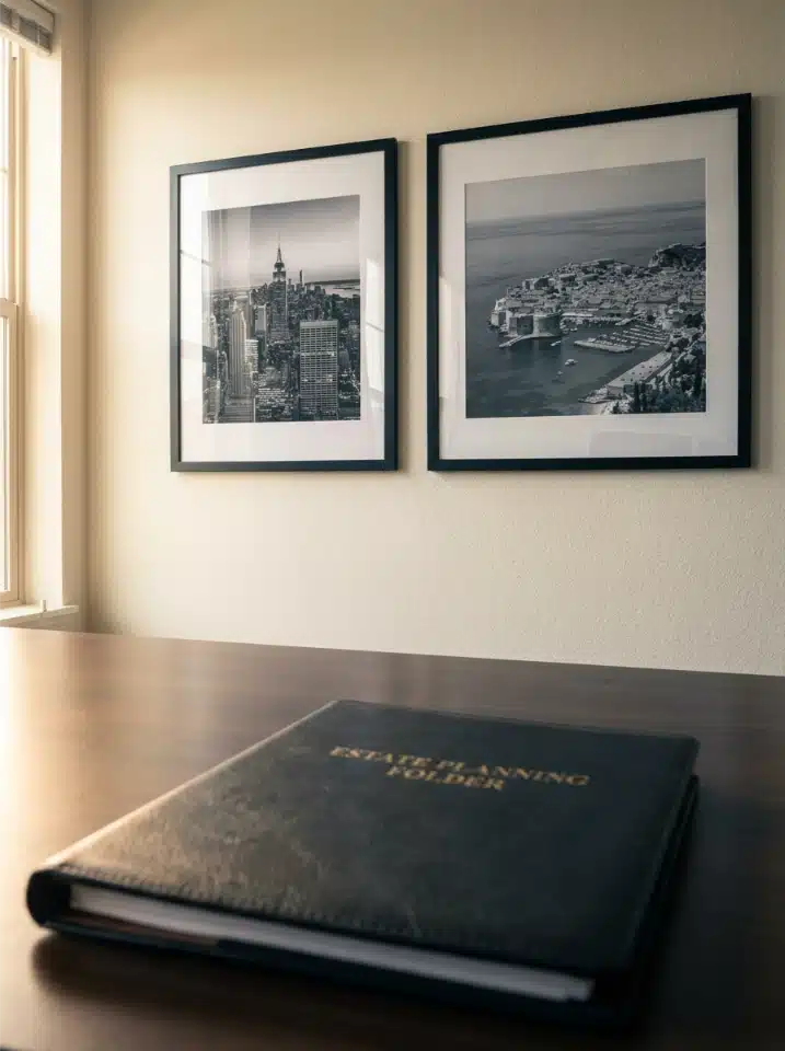 A desk with an estate planning folder and documents