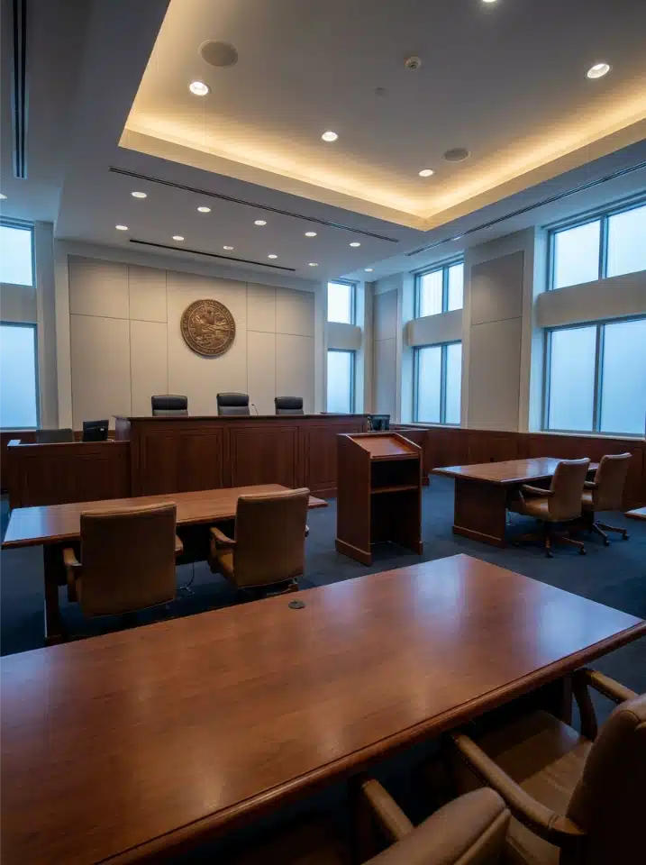 An empty courtroom with the bench and counsel tables in view
