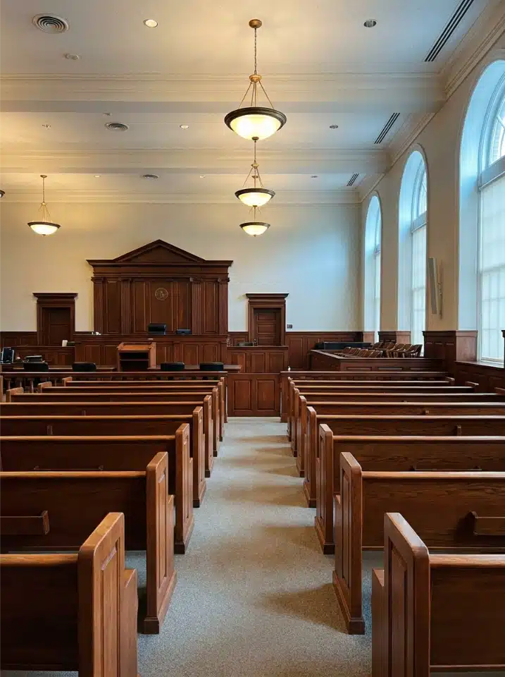 The interior of an empty courtroom