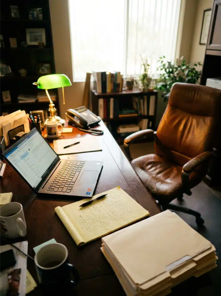 An executive office desk with a laptop