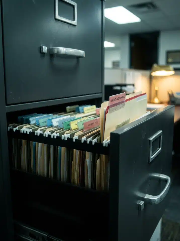 An open filing cabinet drawer holding case folders
