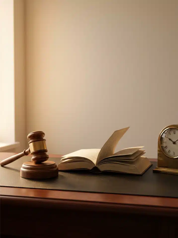 A gavel resting beside a law book and a clock