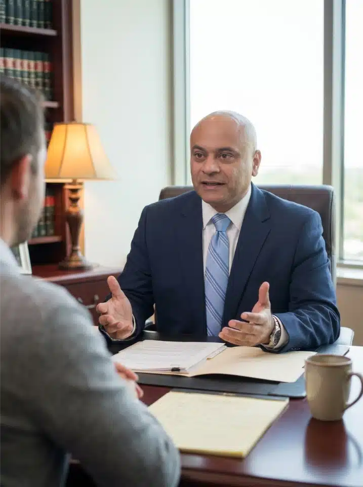 A man gesturing while speaking at a desk