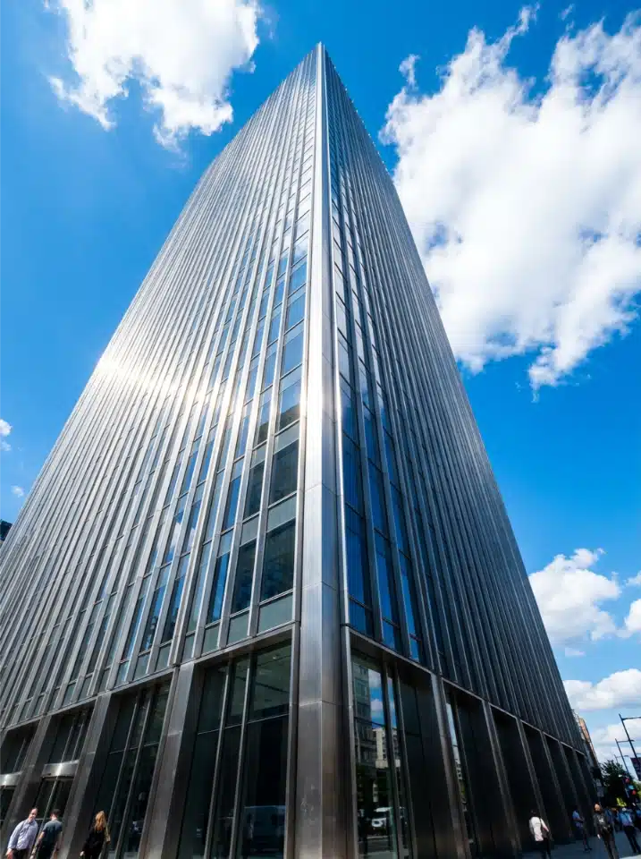 An office tower seen from street level