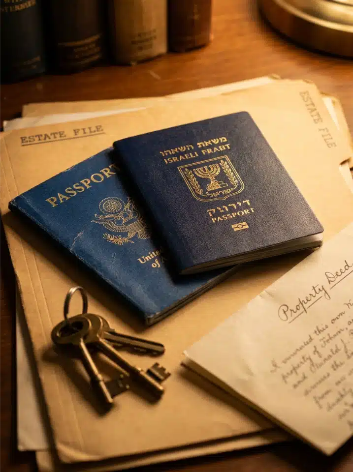 Passports and property documents laid out on a desk