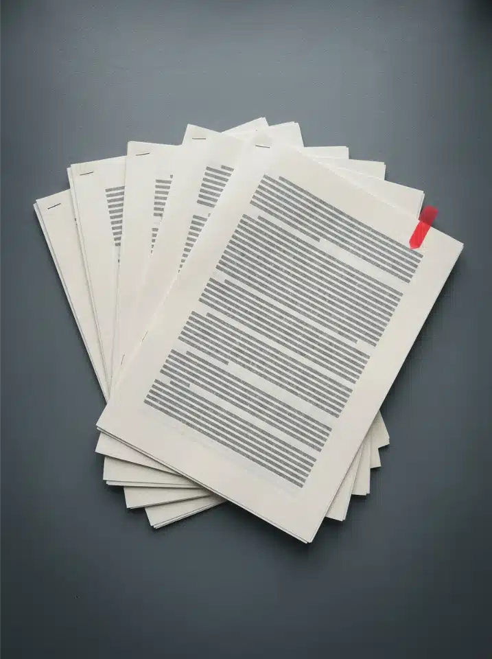 Stapled contract pages laid out on a flat surface