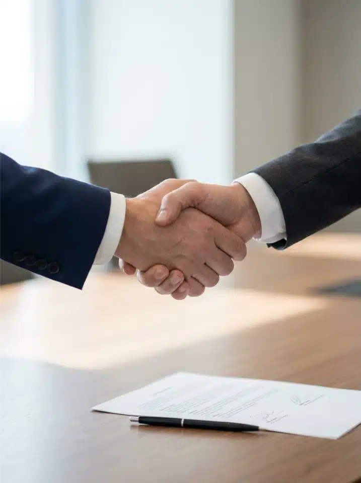 Two people shaking hands across a table